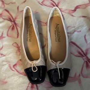 Cream Quilted Ballet Flats with Black Patent Toe Cap made in France leather